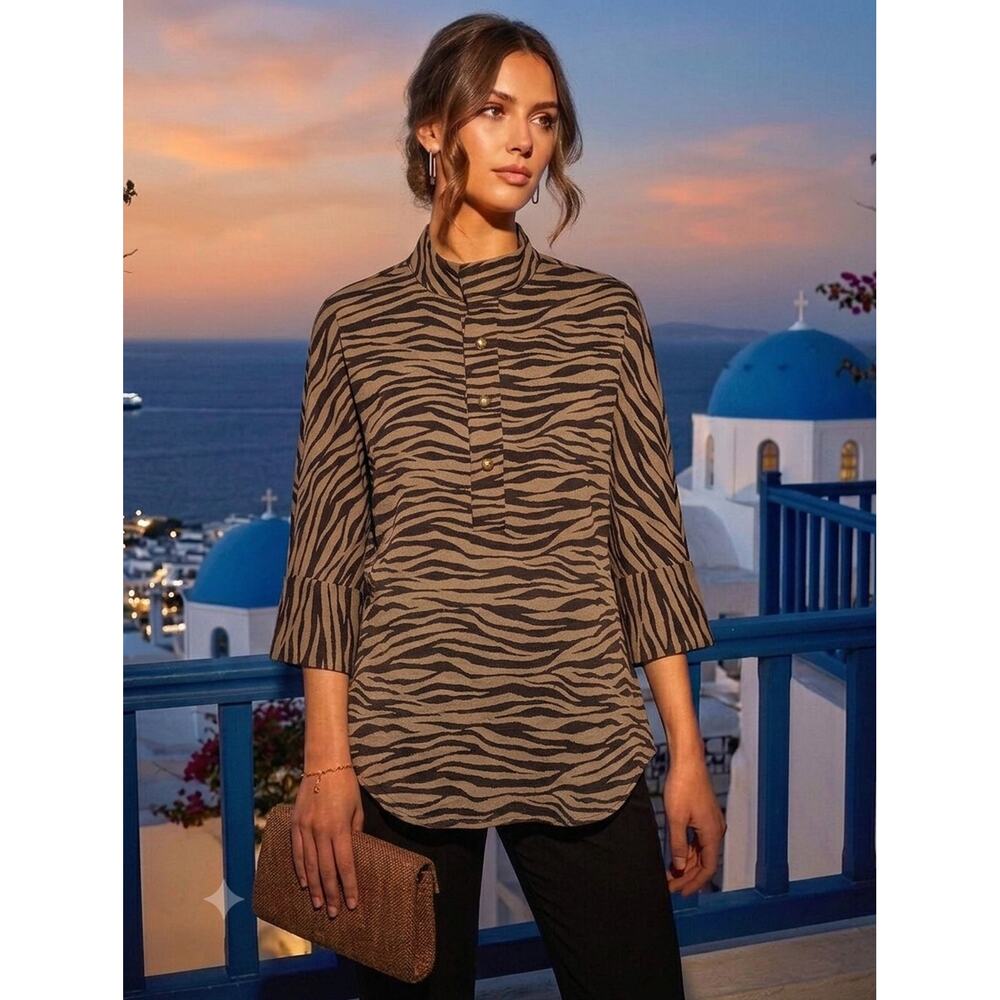 Tuckernuck Tiger Willow Blouse Small Brown Animal Print Tunic Top 3/4 Sleeve NWT